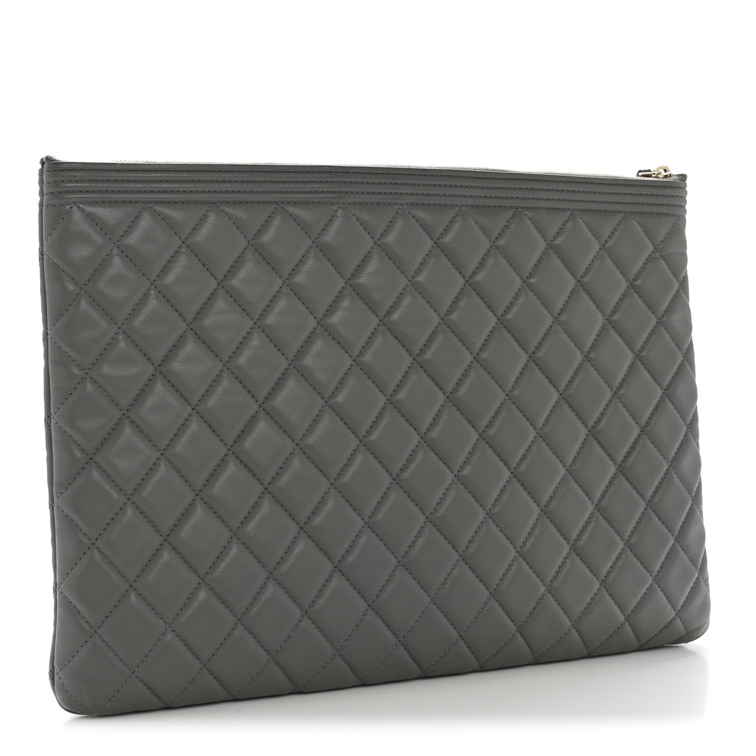 Chanel Lambskin Quilted Large Boy Zip Pouch Grey 3 of 10