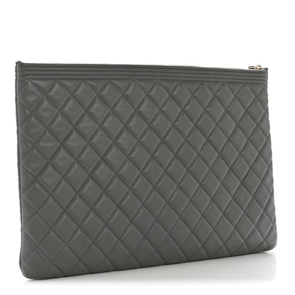 Chanel Lambskin Quilted Large Boy Zip Pouch Grey 3 of 10
