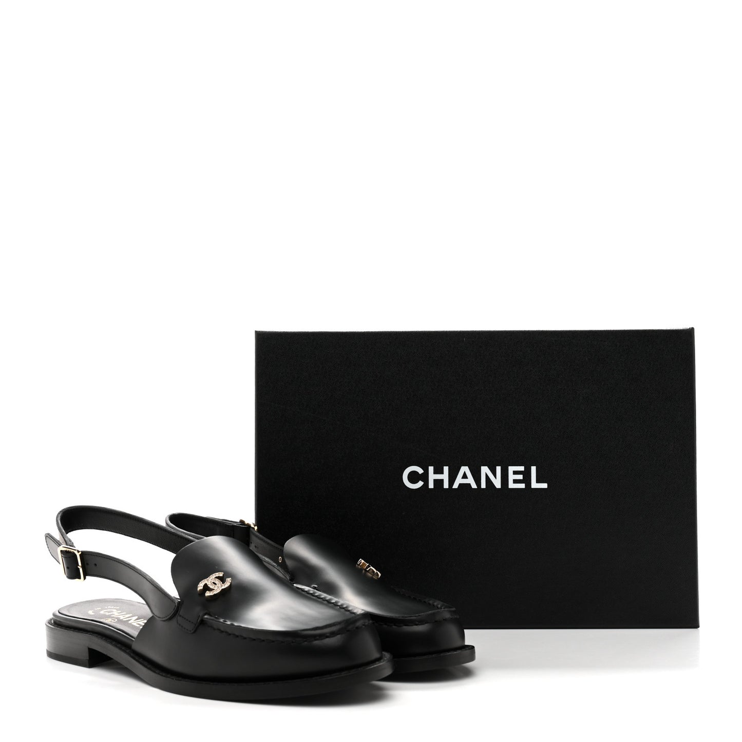 Calfskin Crystal Slingback Loafers 37 Black