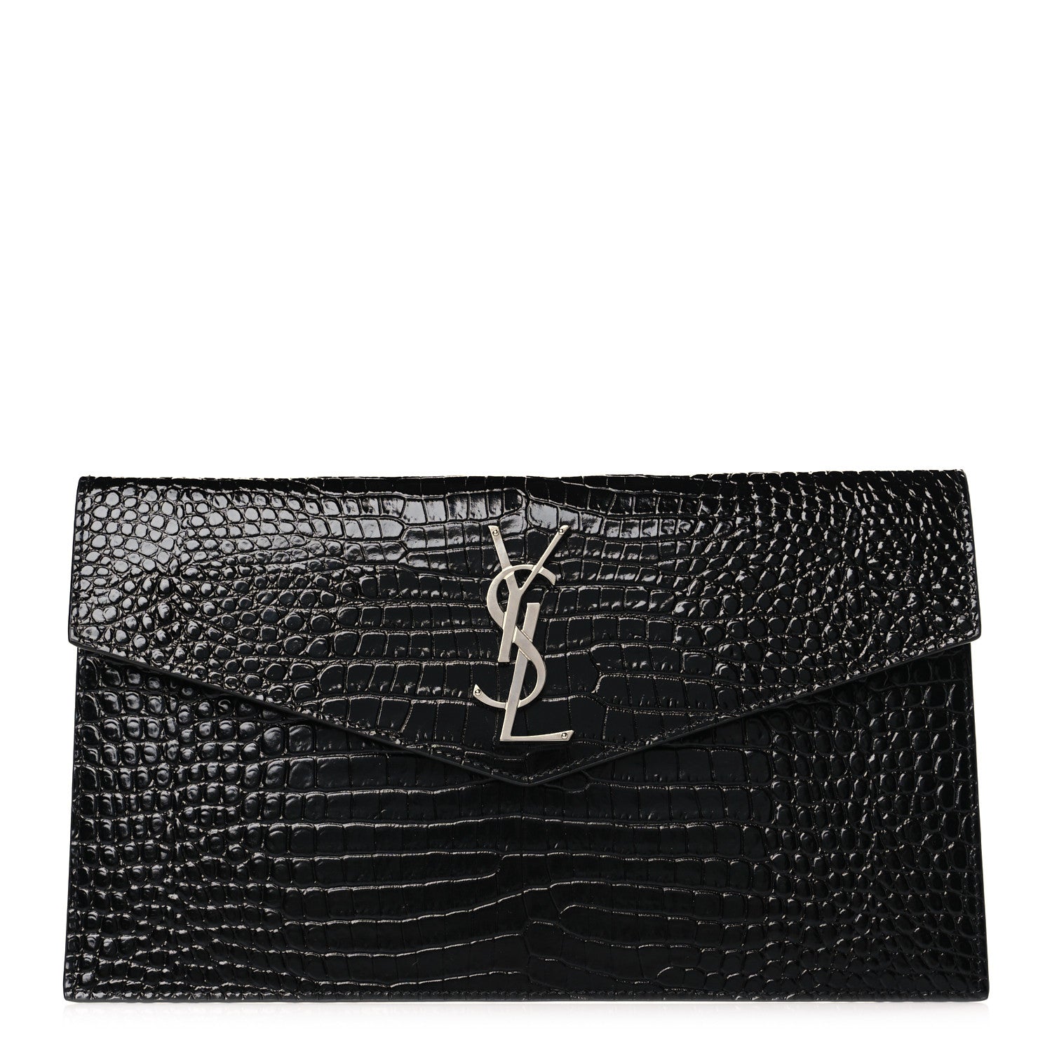 Saint Laurent Calfskin Crocodile Embossed Uptown Monogram Pouch Black 1 of 7
