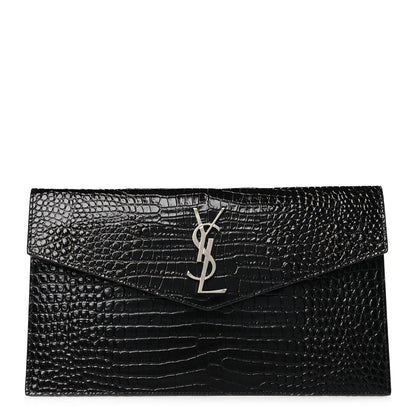 Saint Laurent Calfskin Crocodile Embossed Uptown Monogram Pouch Black 1 of 7