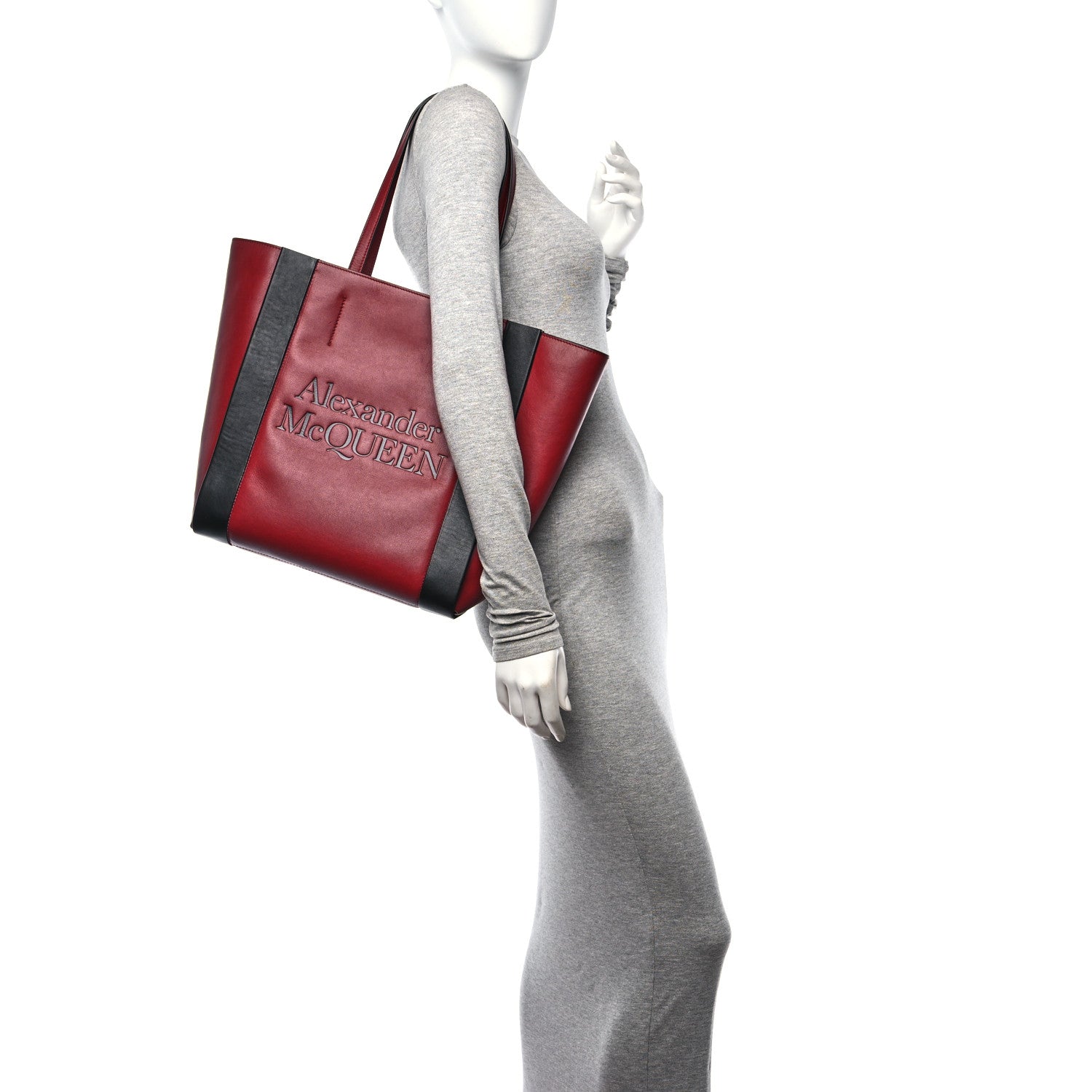 Alexander McQueen Calfskin Embossed Signature Shopper Black Red 2 of 10