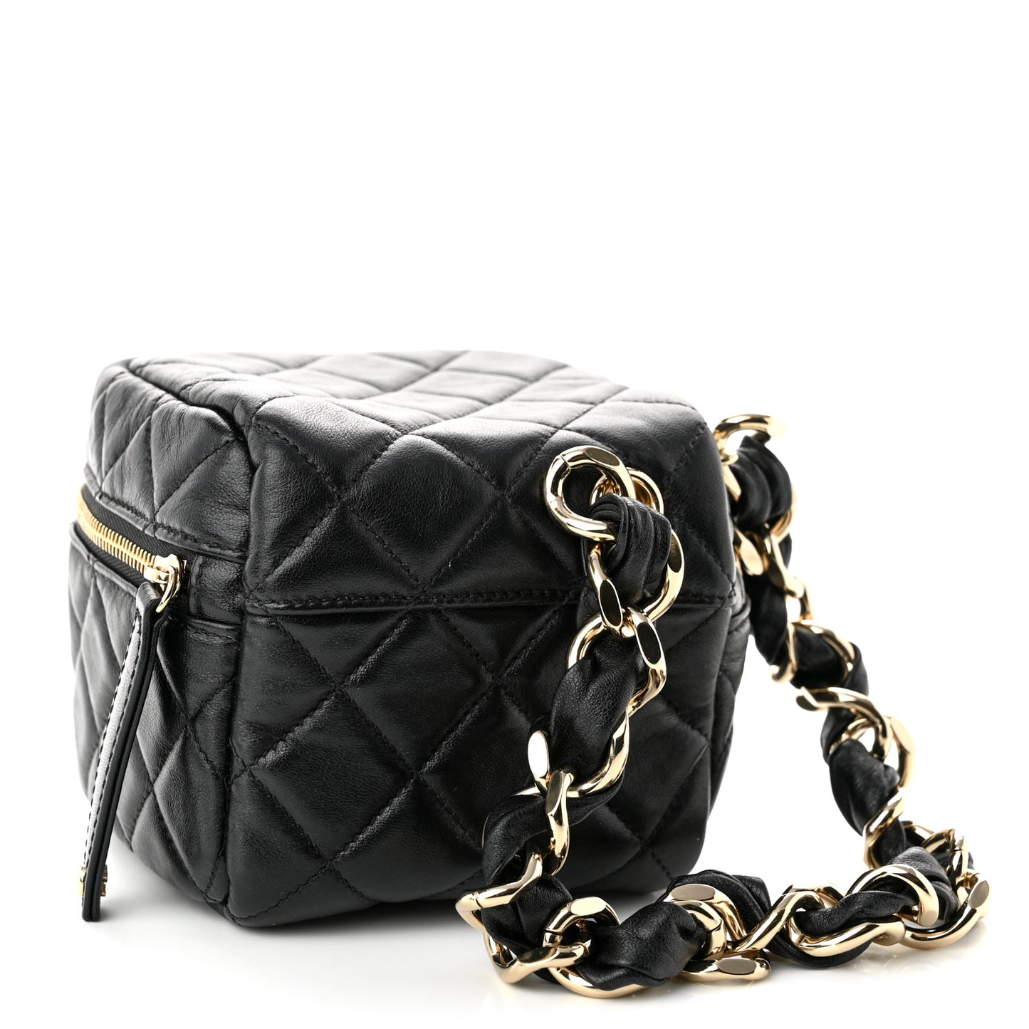 Lambskin Quilted Cube Chain Wristlet Case Black