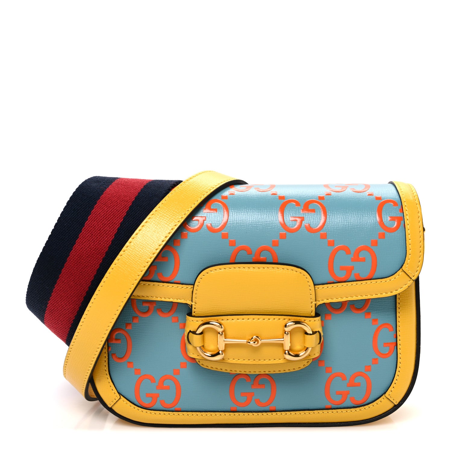 Gucci Azalea Calfskin GG Monogram Bi-Color Debossed Mini Horsebit 1955 Shoulder Bag Dusty Azure Stone Topaz Deep Orange 1 of 10