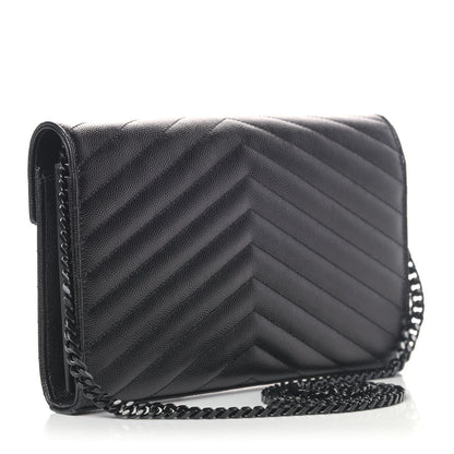 Saint Laurent Grain De Poudre Matelasse Chevron Monogram Chain Wallet Black 2 of 5