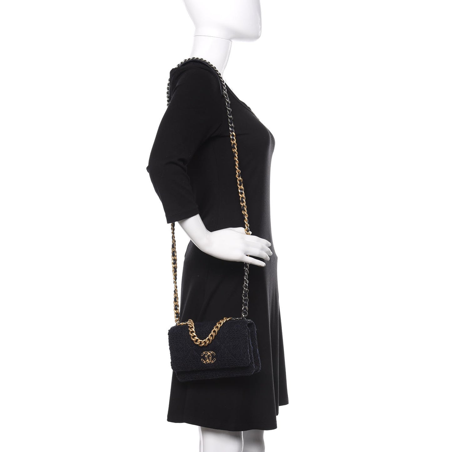 Wool Tweed Lambskin Quilted Chanel 19 Wallet On Chain WOC Blue Black