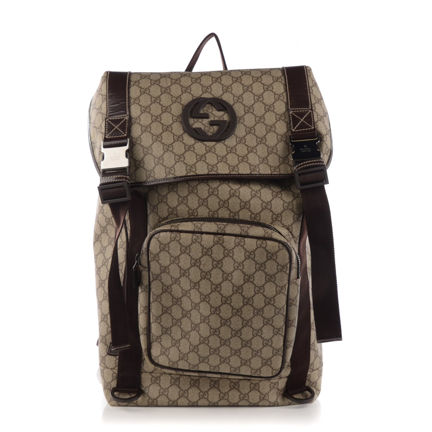 GG Supreme Monogram Large Interlocking G Double Buckle Backpack Dark Brown