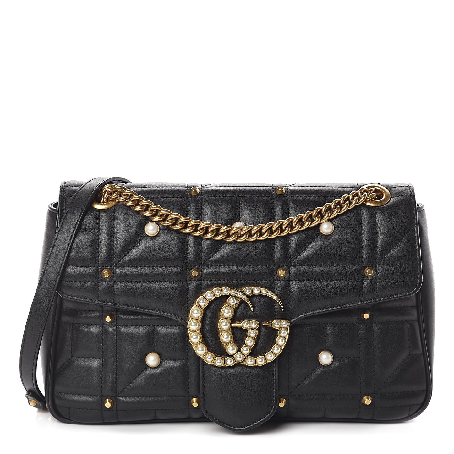 Calfskin Matelasse Studded Small Pearly GG Marmont Shoulder Bag Black