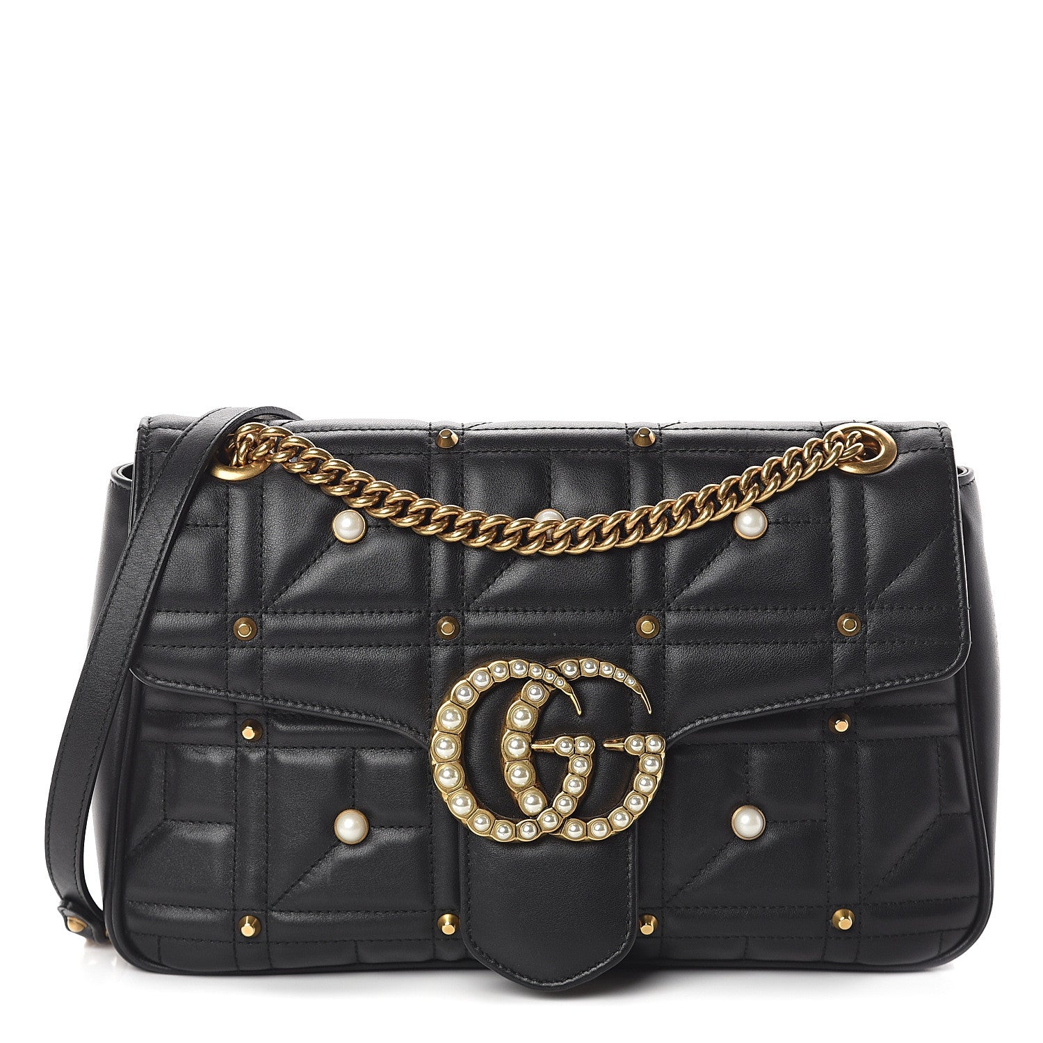 Gucci Calfskin Matelasse Studded Small Pearly GG Marmont Shoulder Bag Black 1 of 8