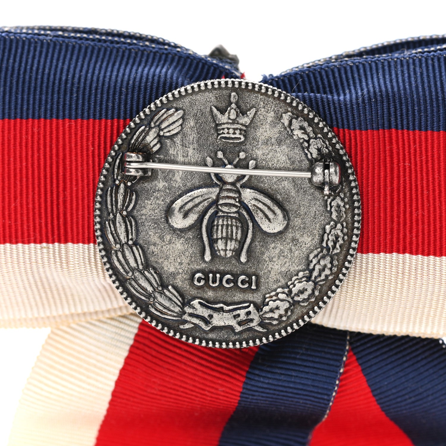Gucci Grosgrain Web Crystal Bow Brooch Red White Blue 4 of 6
