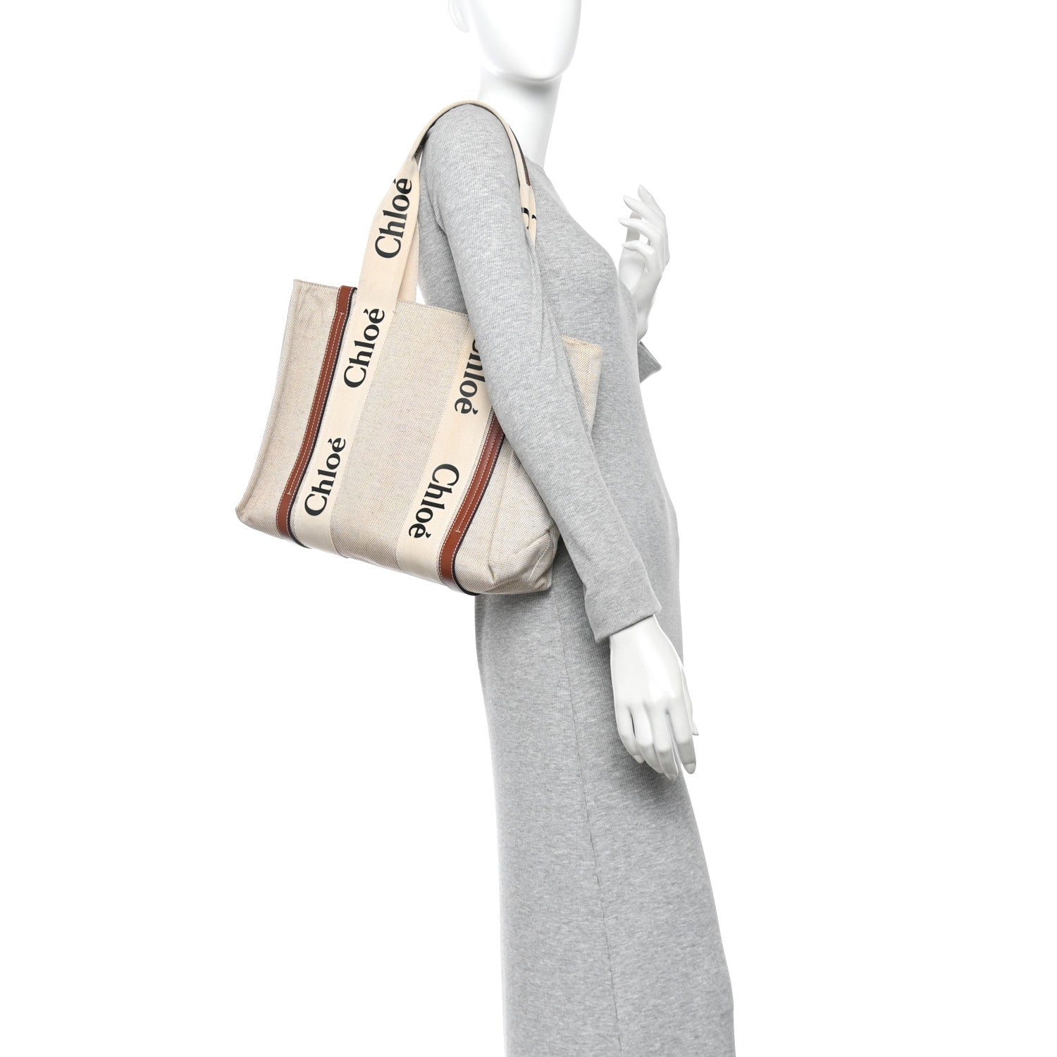 Chloe Cotton Calfskin Medium Woody Ribbon Tote White Brown 2 of 10