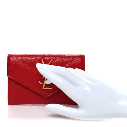 Saint Laurent Grain De Poudre Matelasse Chevron Small Monogram Envelope Wallet New Red 2 of 8