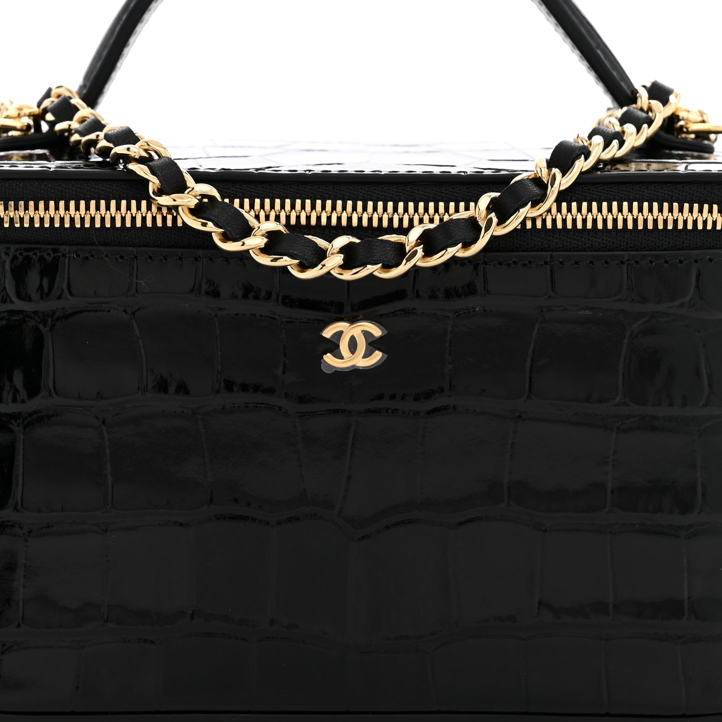 Calfskin Crocodile Embossed Crococo Small Top Handle Vanity Case With Chain Black