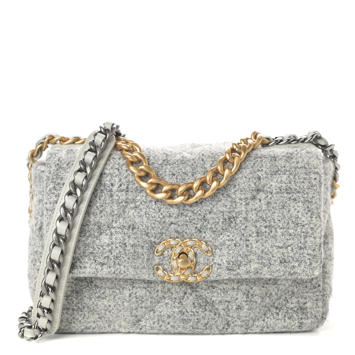 Tweed Quilted Medium Chanel 19 Flap Grey Ecru