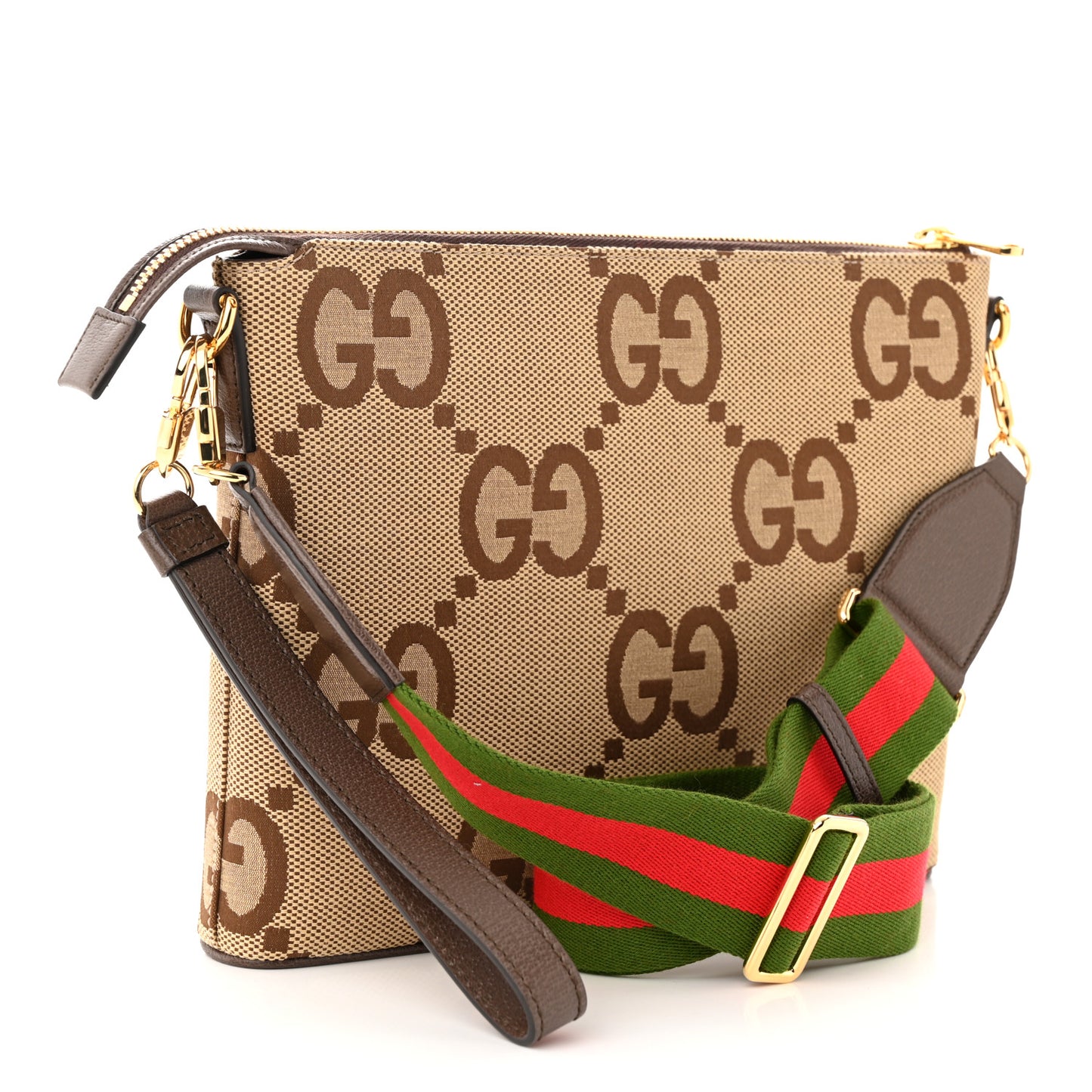 Monogram Jumbo GG Textured Dollar Calfskin Web Wristlet Messenger Bag Camel Ebony New Acero