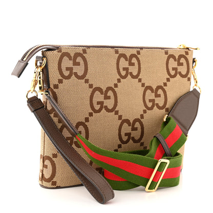 Gucci Monogram Jumbo GG Textured Dollar Calfskin Web Wristlet Messenger Bag Camel Ebony New Acero 3 of 11