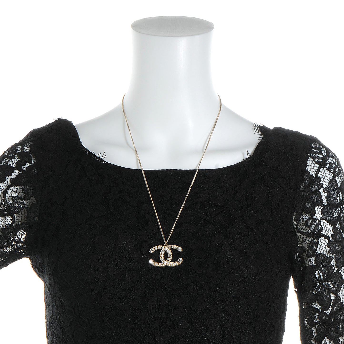 Pearl Crystal Baguette CC Long Necklace Gold
