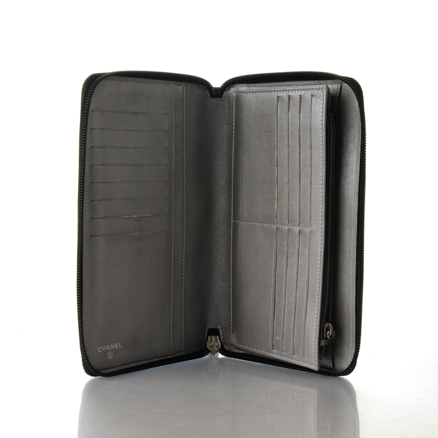 Lambskin Camellia Embossed Zip Around Organizer Wallet Black