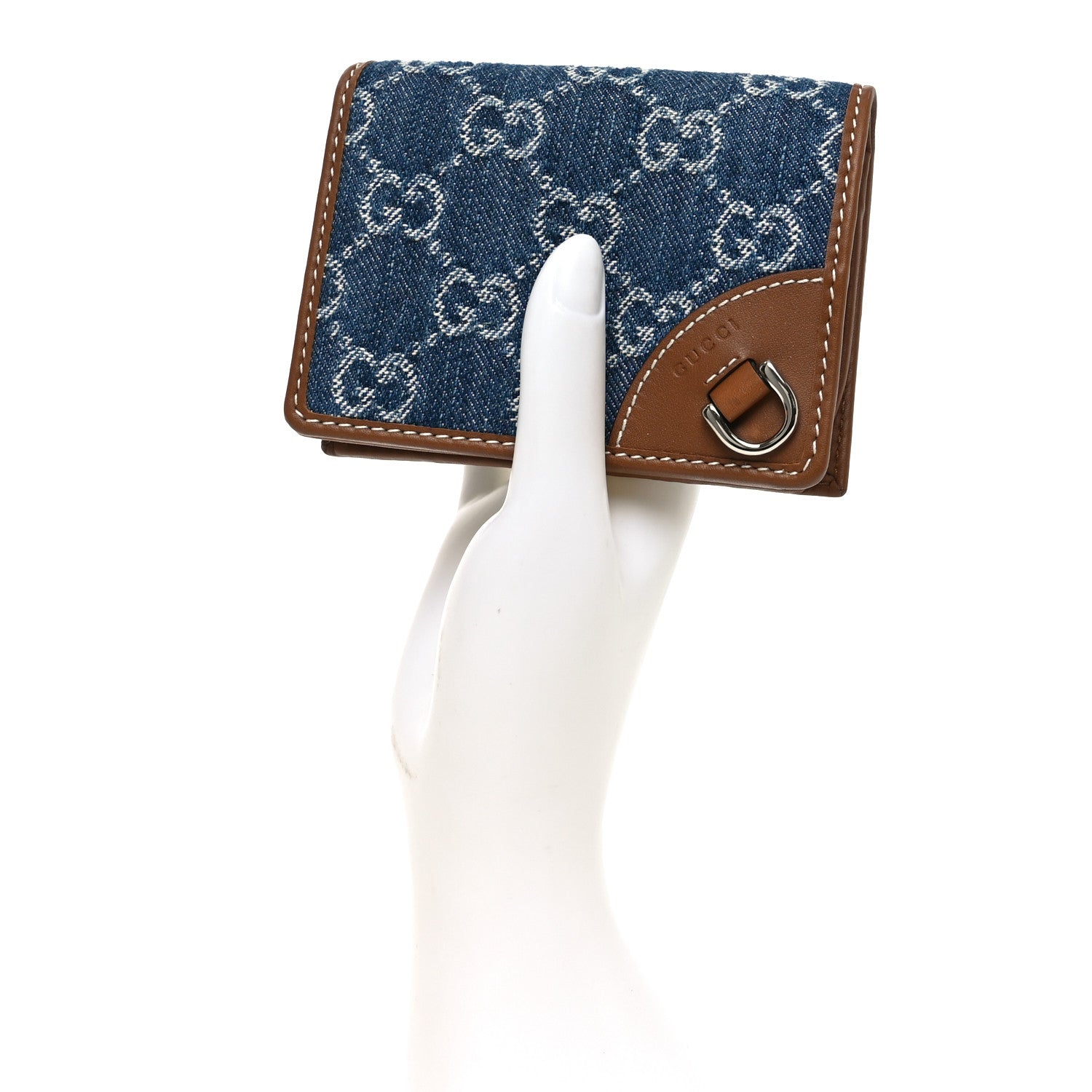 Gucci New Denim GG Monogram Emblem Mini Wallet Blue Tea Cuir