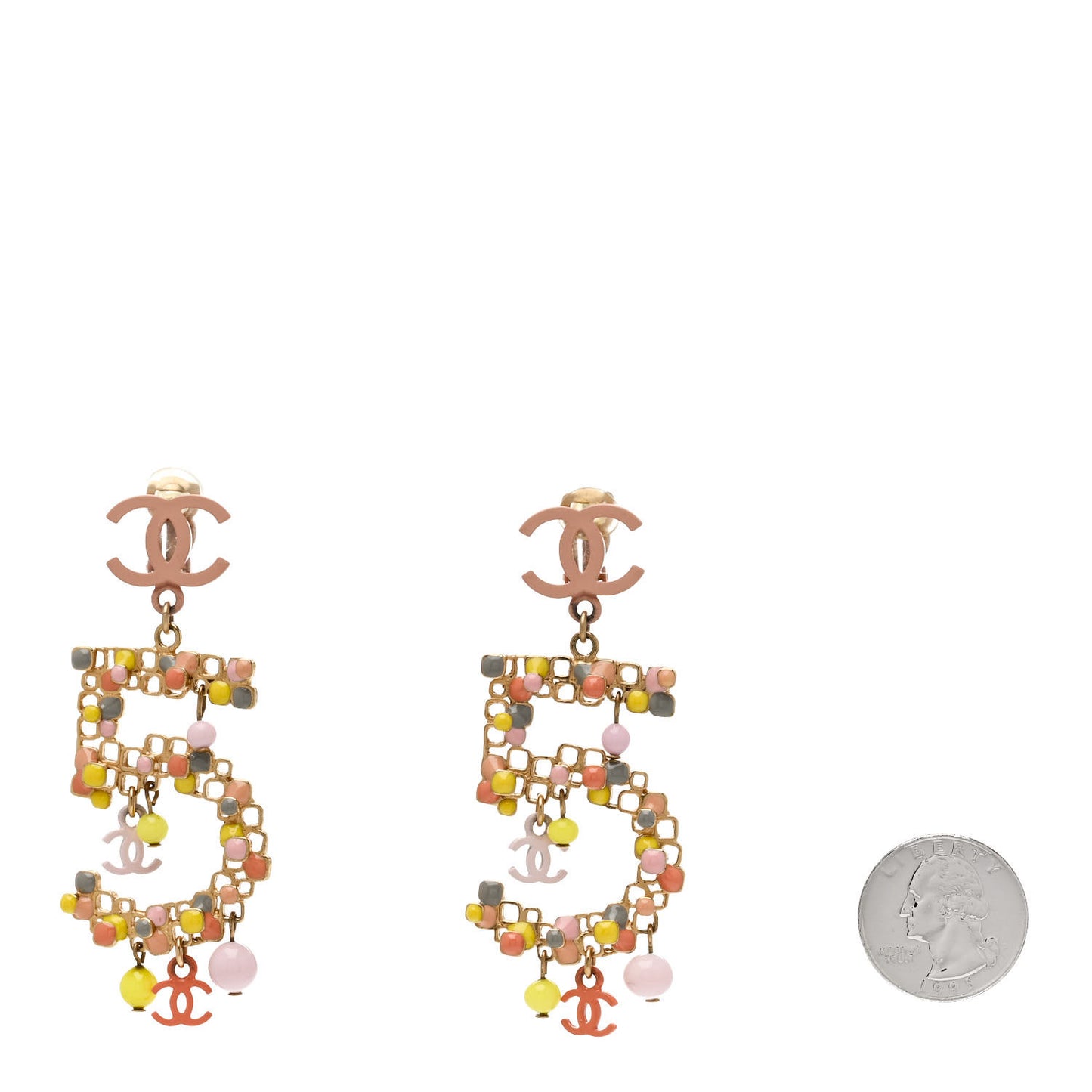 Resin CC Dangle No 5 Clip On Drop Earrings Gold Pink Multicolor