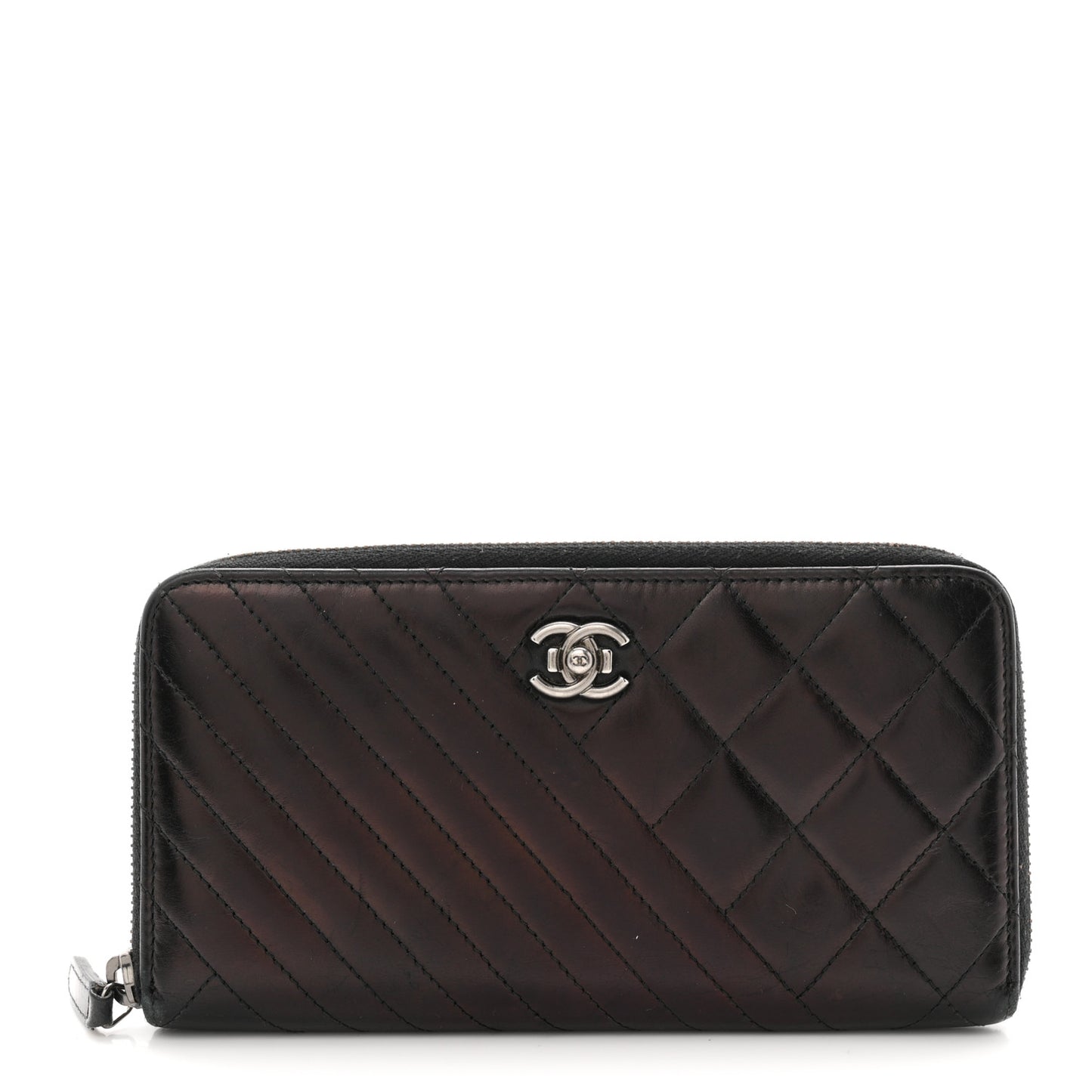 Glazed Calfskin Quilted Small Coco Boy Zip Around Wallet Black
