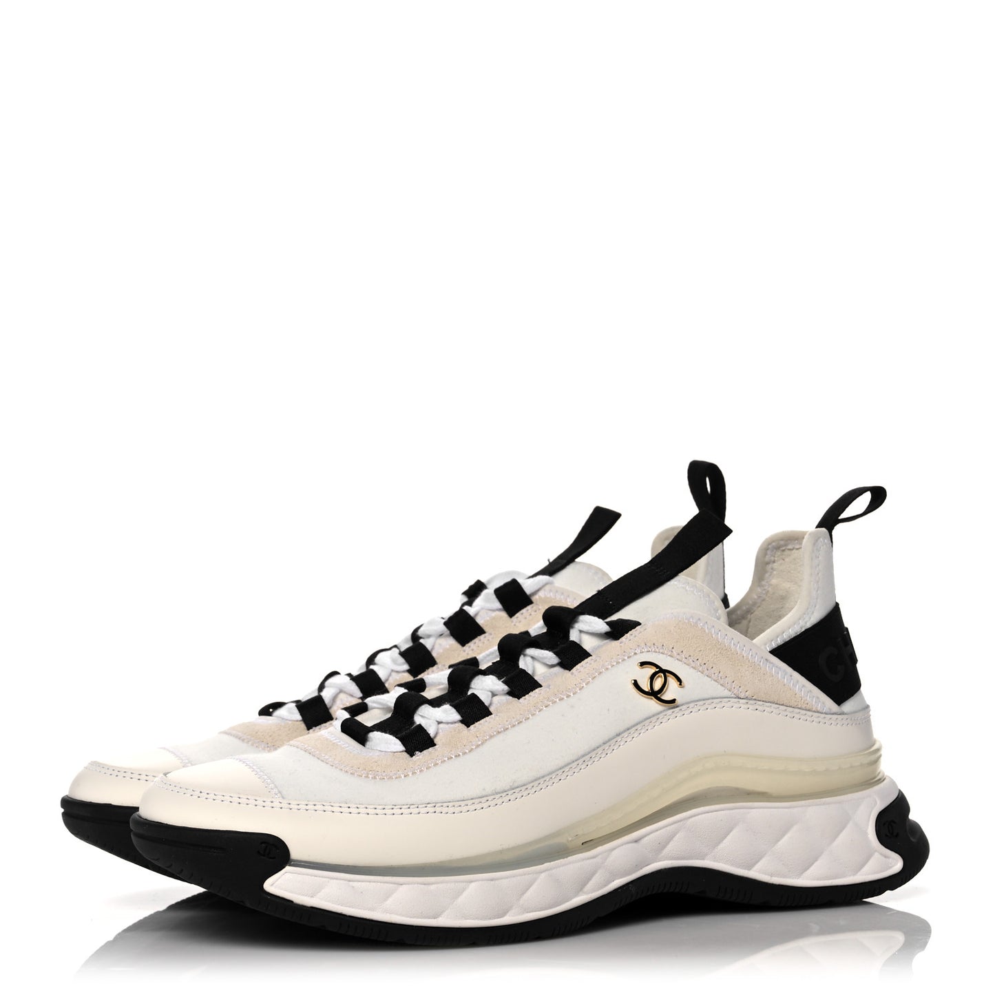 Velvet Calfskin Mixed Fibers CC Sneakers 39.5 Ivory Black