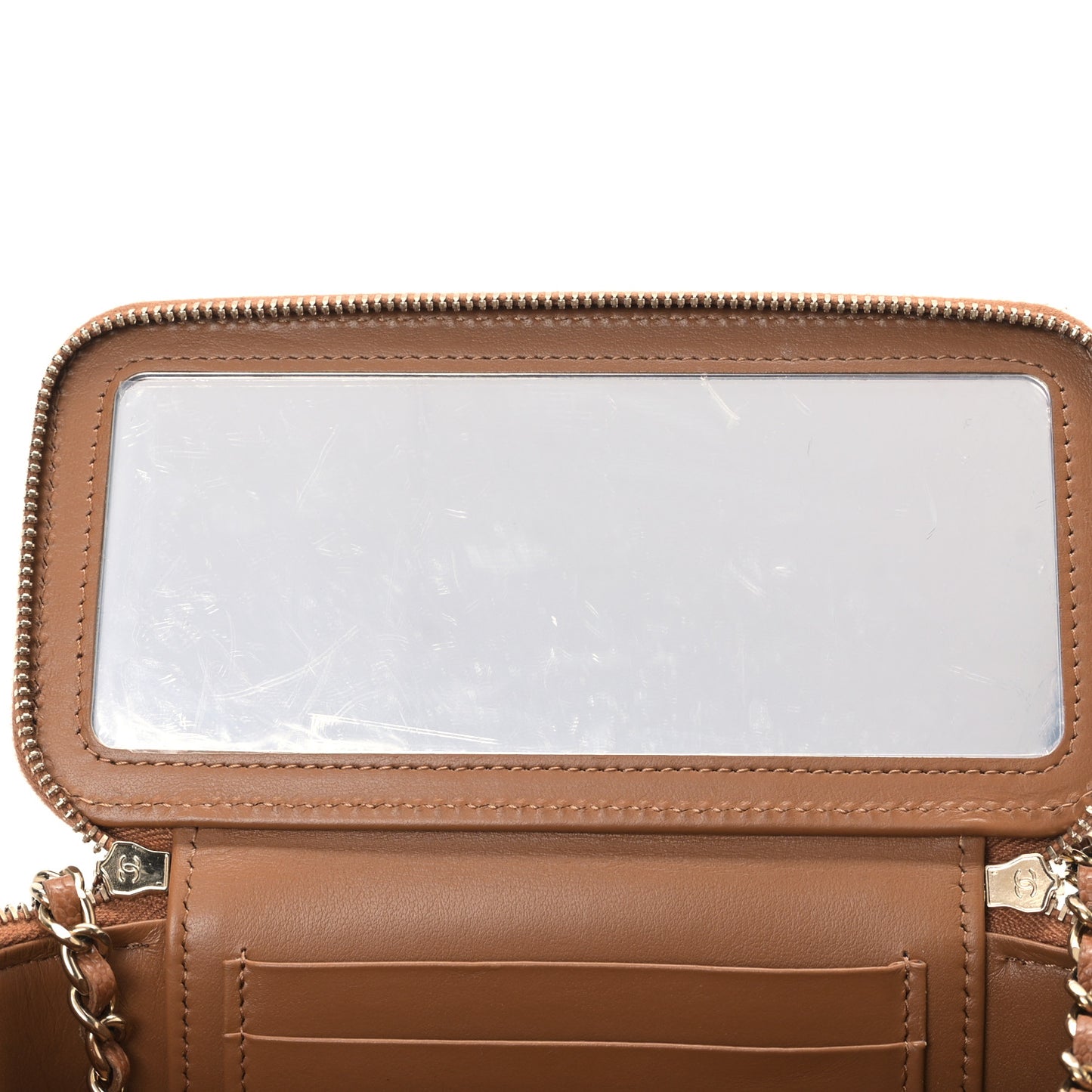 Caviar Quilted Top Handle Pocket Vanity Case Camel