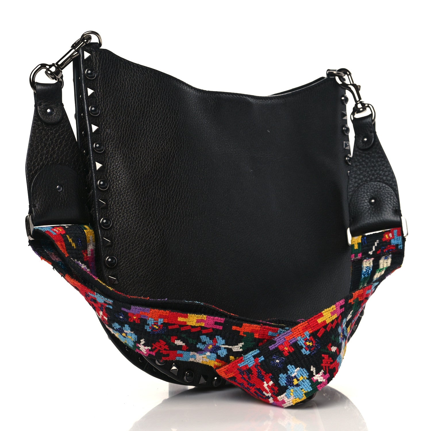 Valentino Garavani Calfskin Beaded Guitar Strap Rockstud Rolling Hobo Bag Black 3 of 8