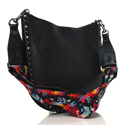 Valentino Garavani Calfskin Beaded Guitar Strap Rockstud Rolling Hobo Bag Black 3 of 8