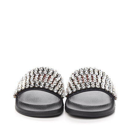 Gucci Calfskin Crystal Embellished Web Slide Sandals 37 Blue Red 2 of 7