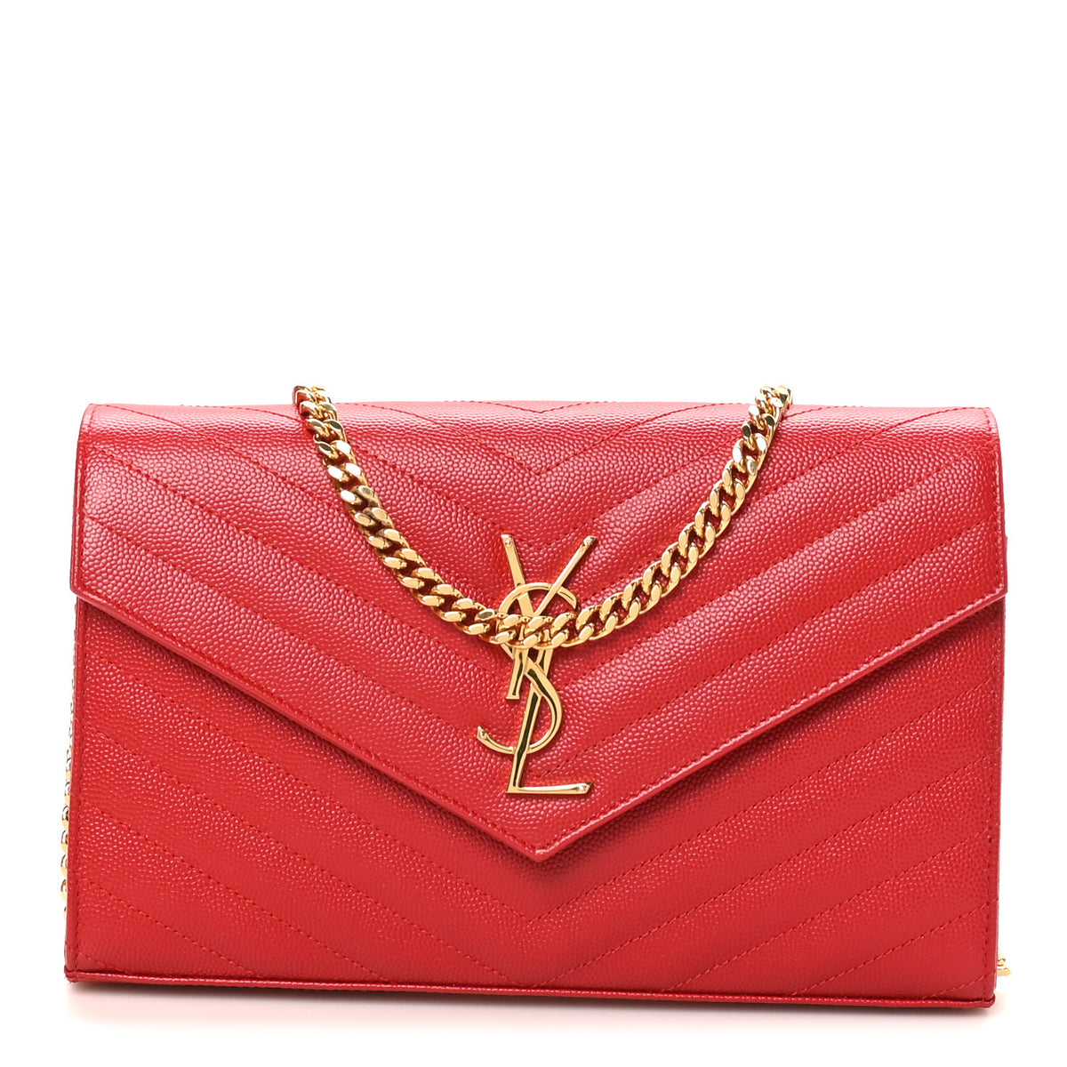 Saint Laurent Grain De Poudre Matelasse Chevron Monogram Chain Wallet Red 1 of 10