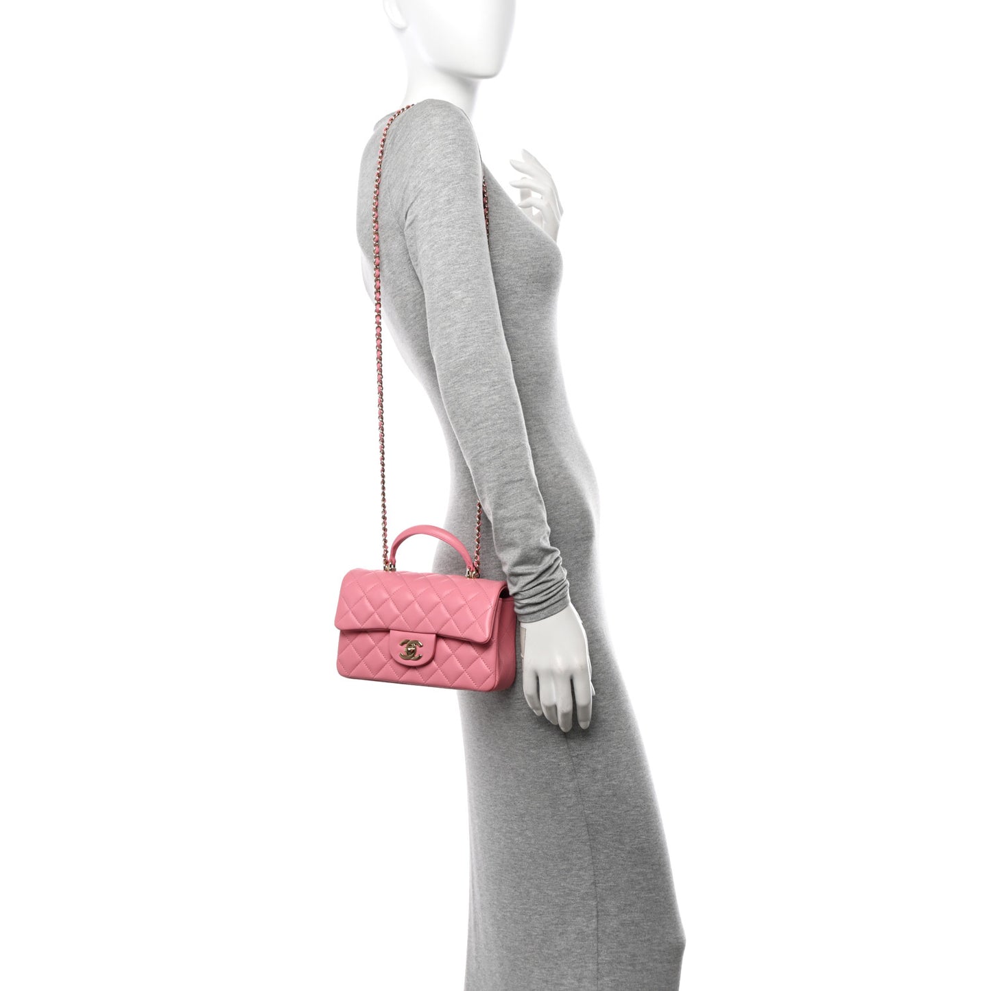 Lambskin Quilted Mini Top Handle Rectangular Flap Pink