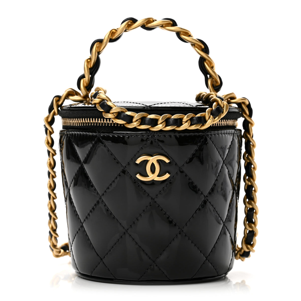 Patent Quilted Afternoon Tea Top Handle Vanity Case With Chain Black