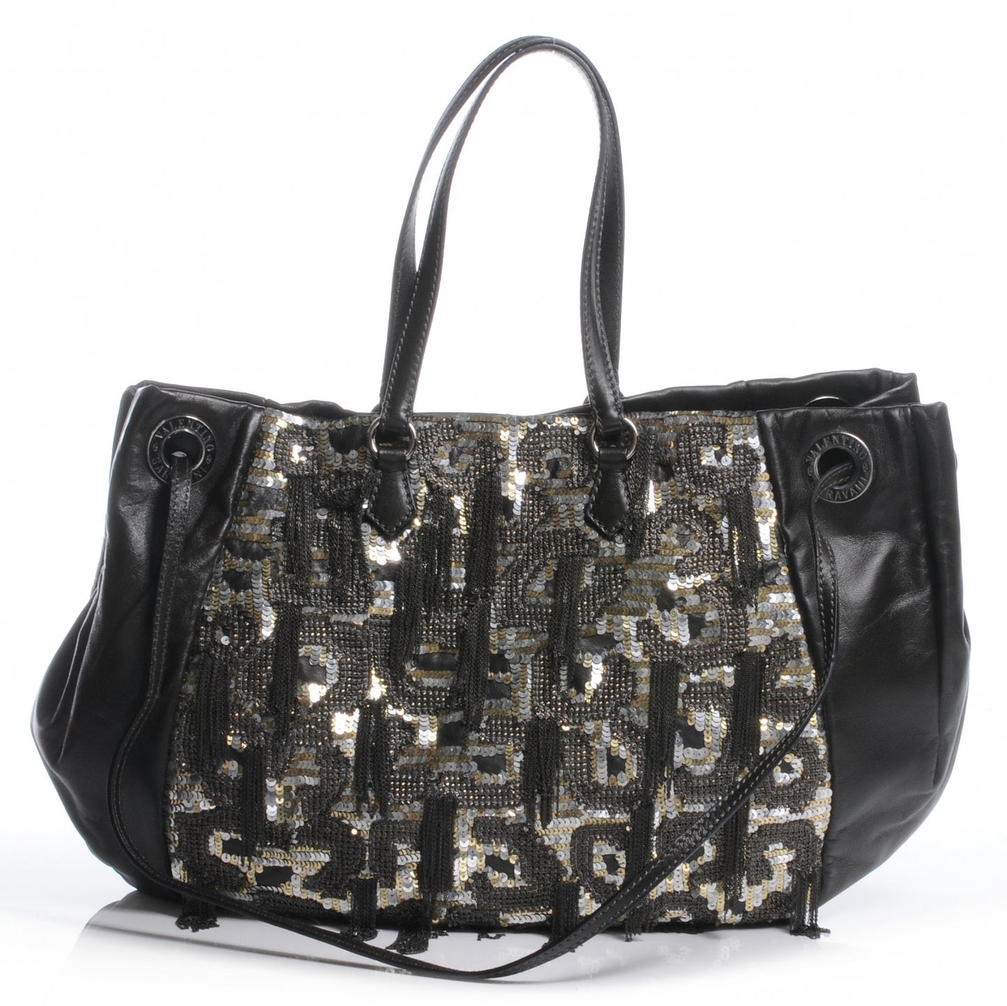 Leather Sequin Chain Glam Tote Black