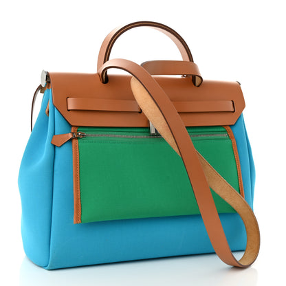 Hermes Toile Officier Vache Hunter Verso Herbag Zip Retourne PM 31 Bleu Azteque Menthe 4 of 15