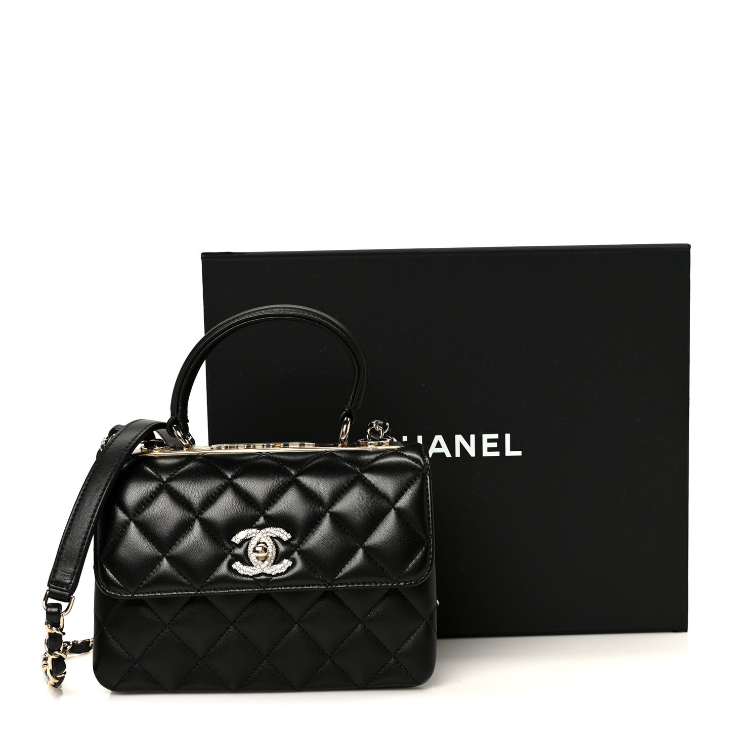 Lambskin Crystal Quilted Mini Trendy CC Dual Handle Flap Bag Black