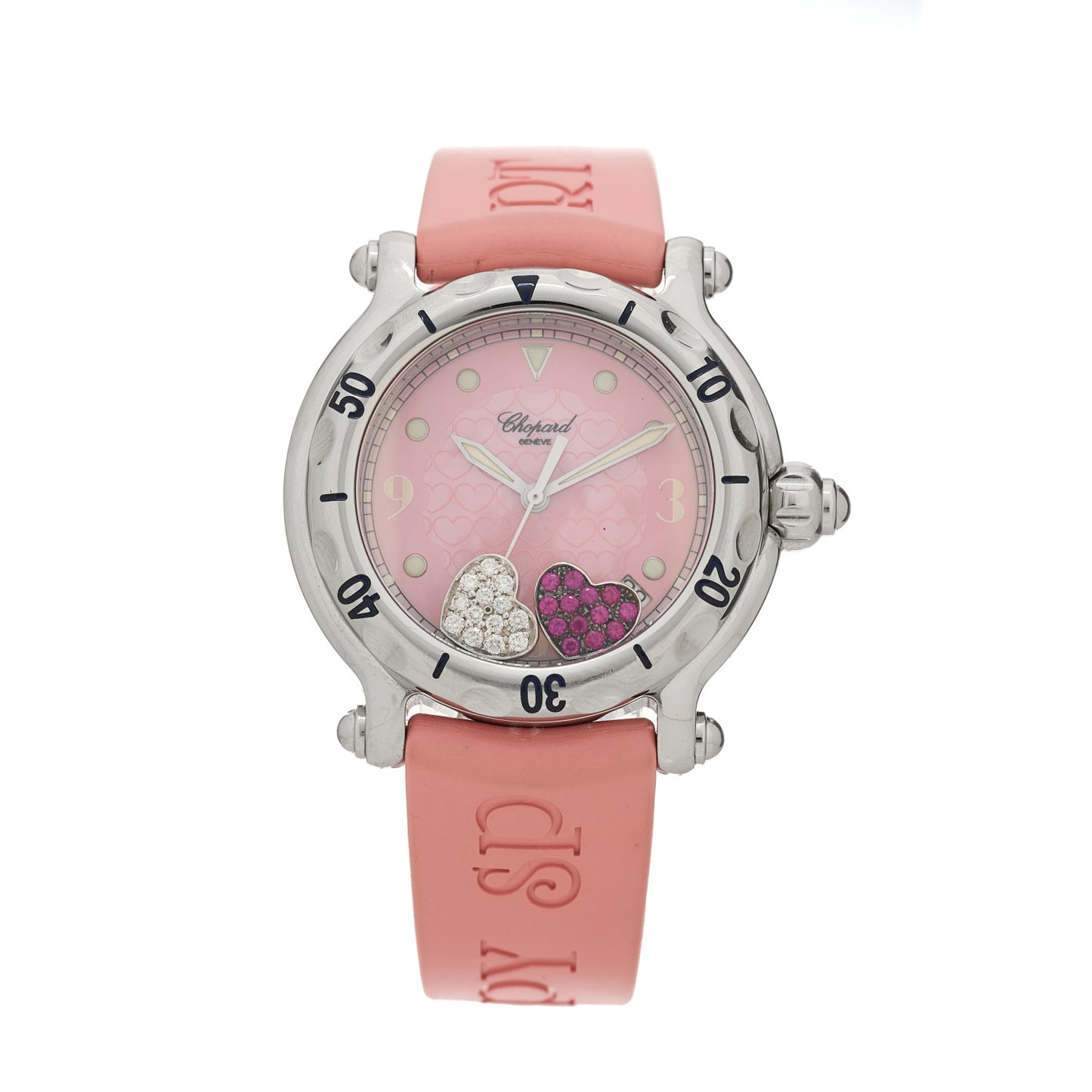 Stainless Steel Rubber Diamond Pink Sapphire Pink Mother of Pearl 38mm Happy Sport Hearts Quartz Watch