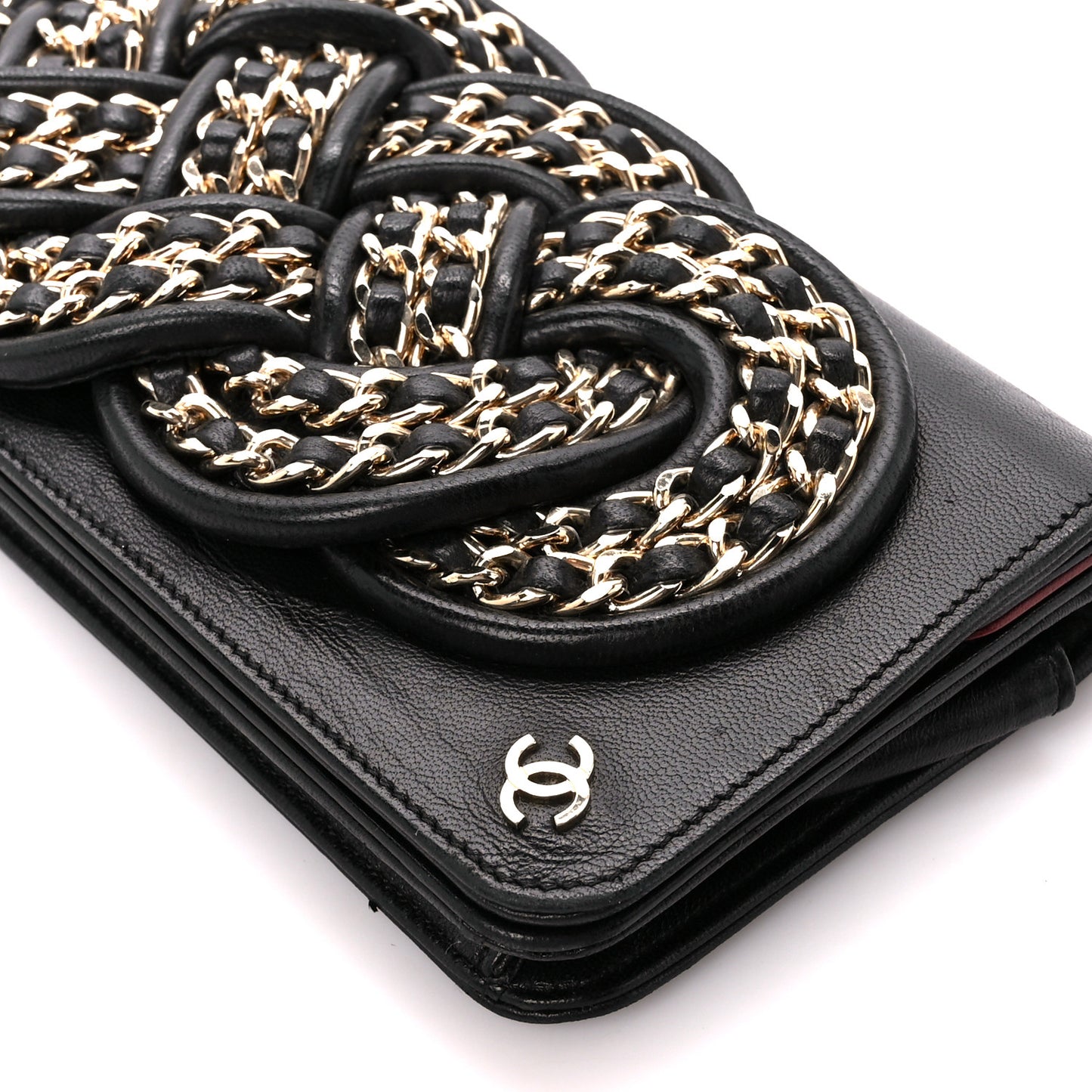 Lambskin Gold Chain Knot Clutch Black