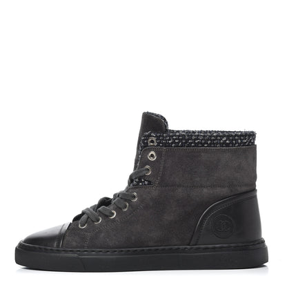 Chanel Suede Tweed High Top Sneakers 37.5 Dark Grey 1 of 9