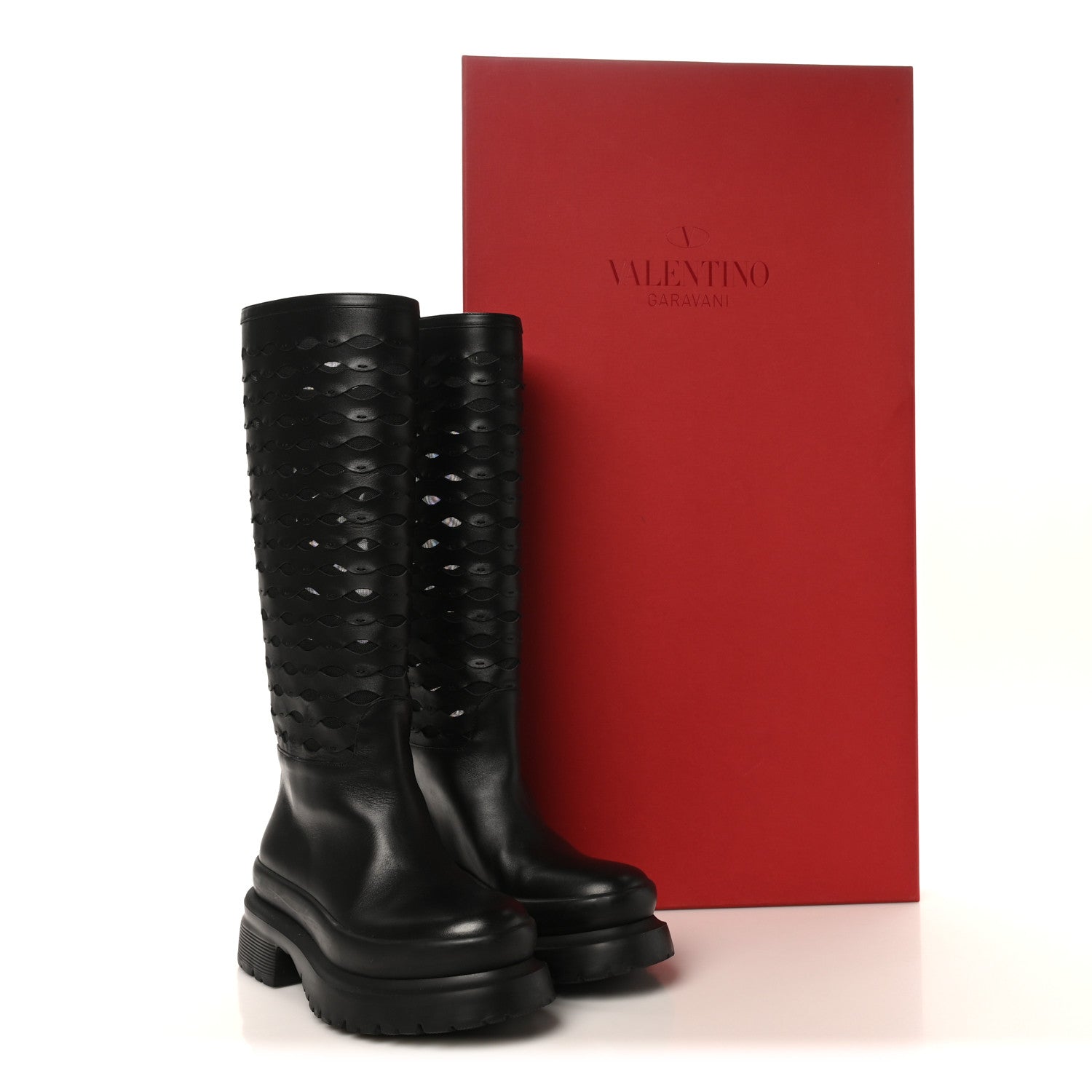 Valentino Garavani Calfskin Mesh Roman Stud Laser Cut Knee High Boots 37 Black 11 of 11