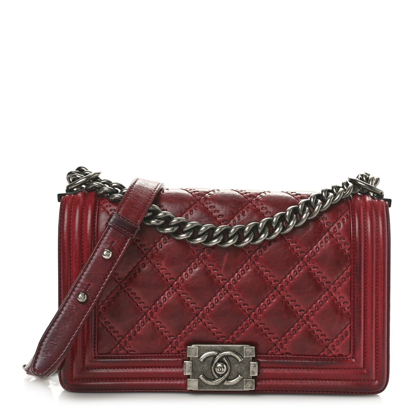 Calfskin Quilted Double Stitched Medium Boy Flap Burgundy