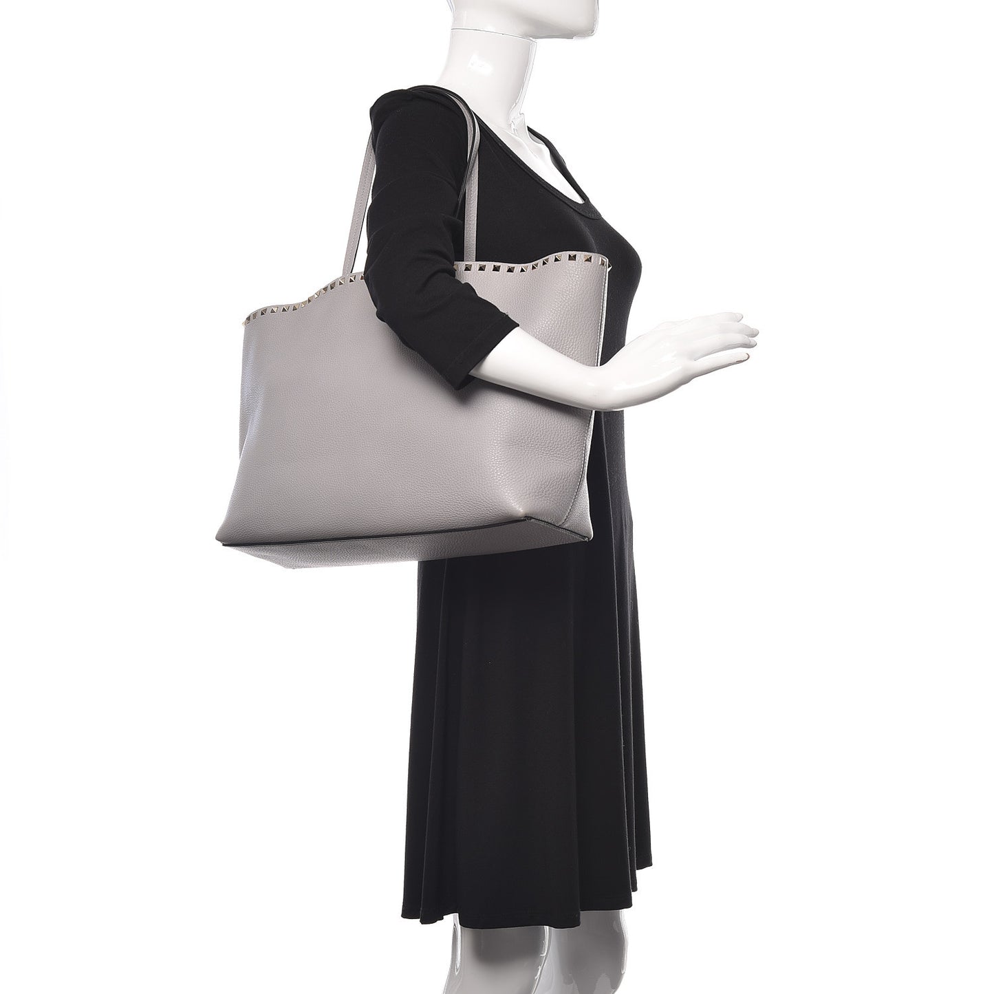 Grained Calfskin Rockstud Shoulder Tote Pastel Grey