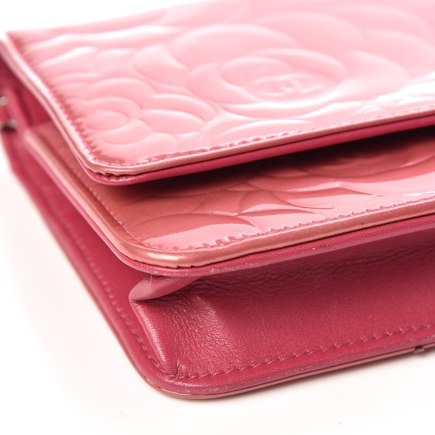 Chanel Patent Camellia Embossed Wallet on Chain WOC Rose 12 of 14