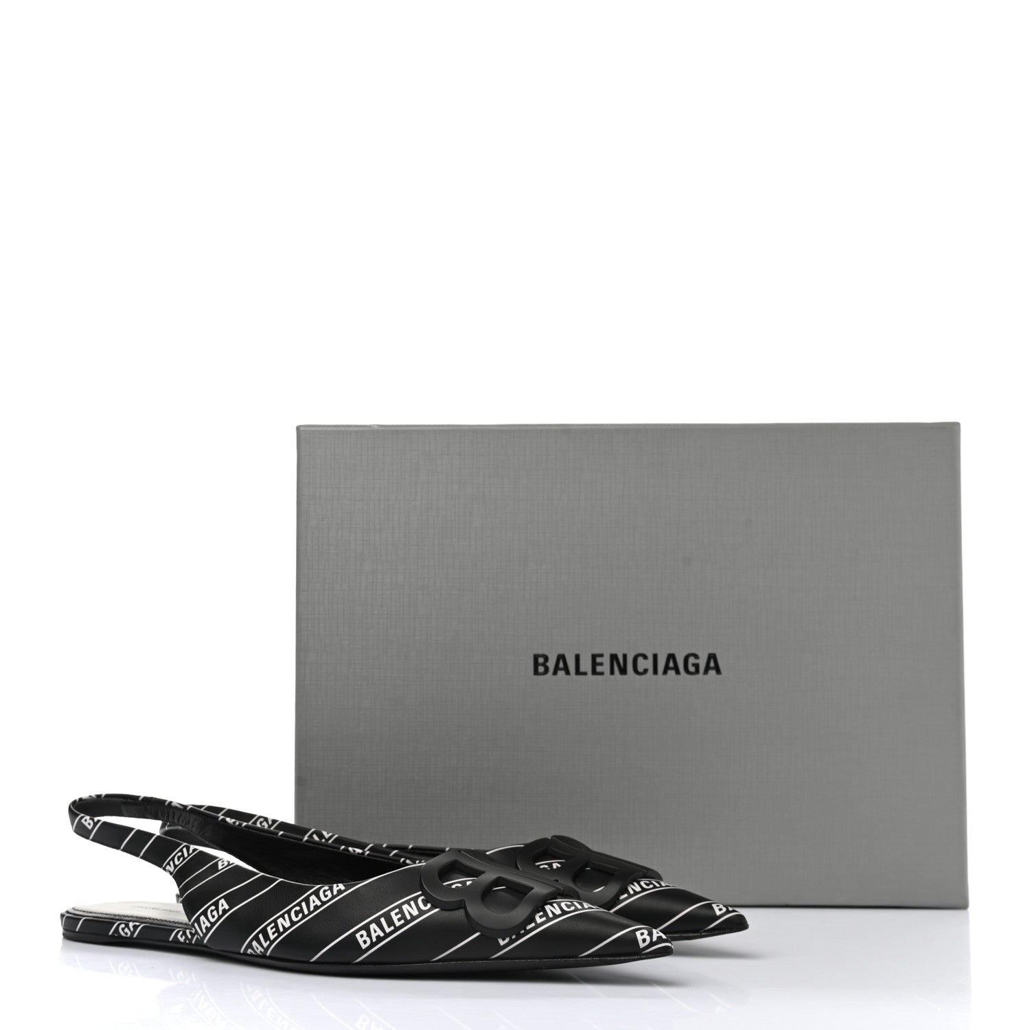 Balenciaga Calfskin Diagonal Allover Logo Print BB Knife Pointy Toe Slingback Flats 37 Black White 9 of 9