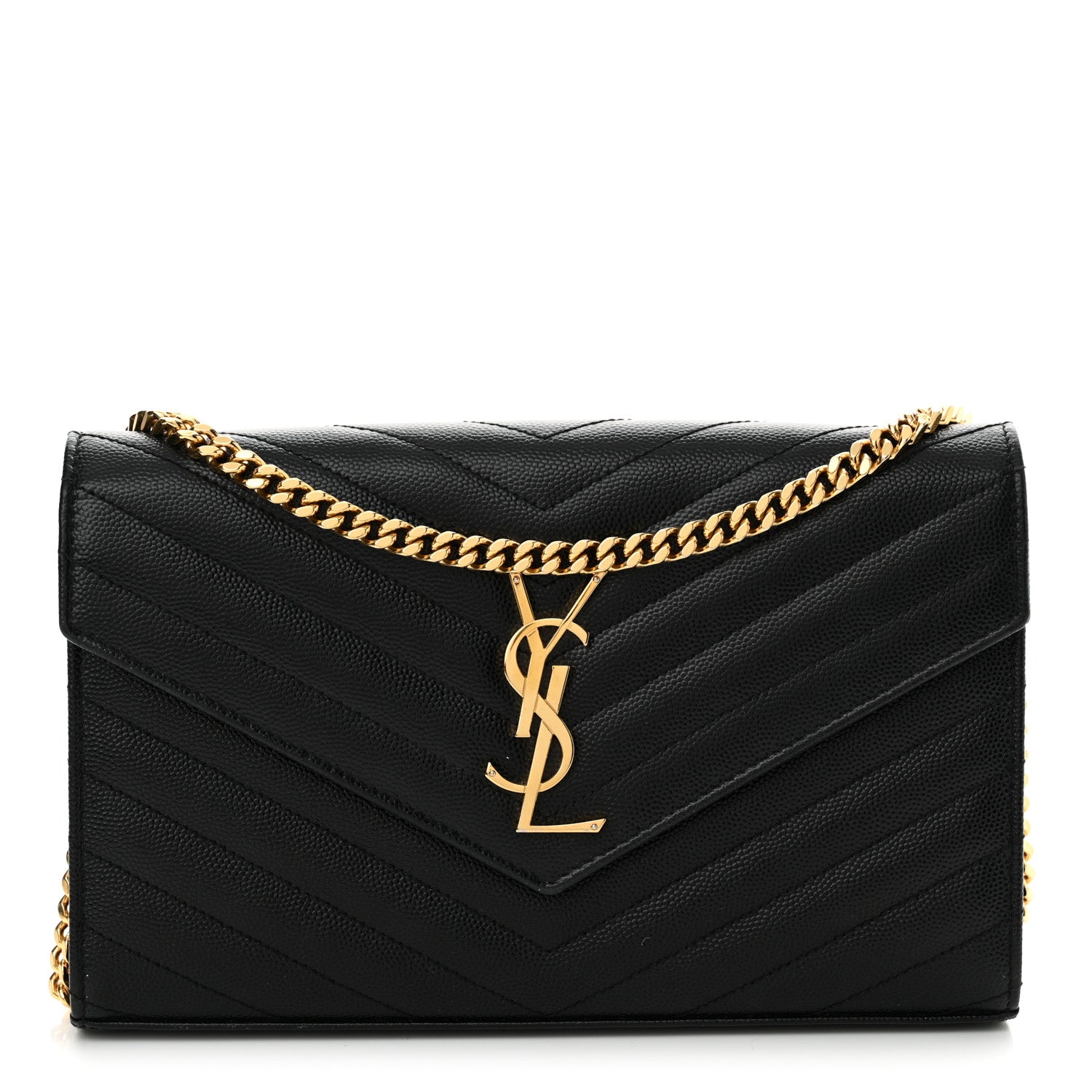 Saint Laurent Grain De Poudre Matelasse Chevron Monogram Chain Wallet Black 1 of 14