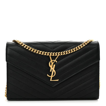 Saint Laurent Grain De Poudre Matelasse Chevron Monogram Chain Wallet Black 1 of 14