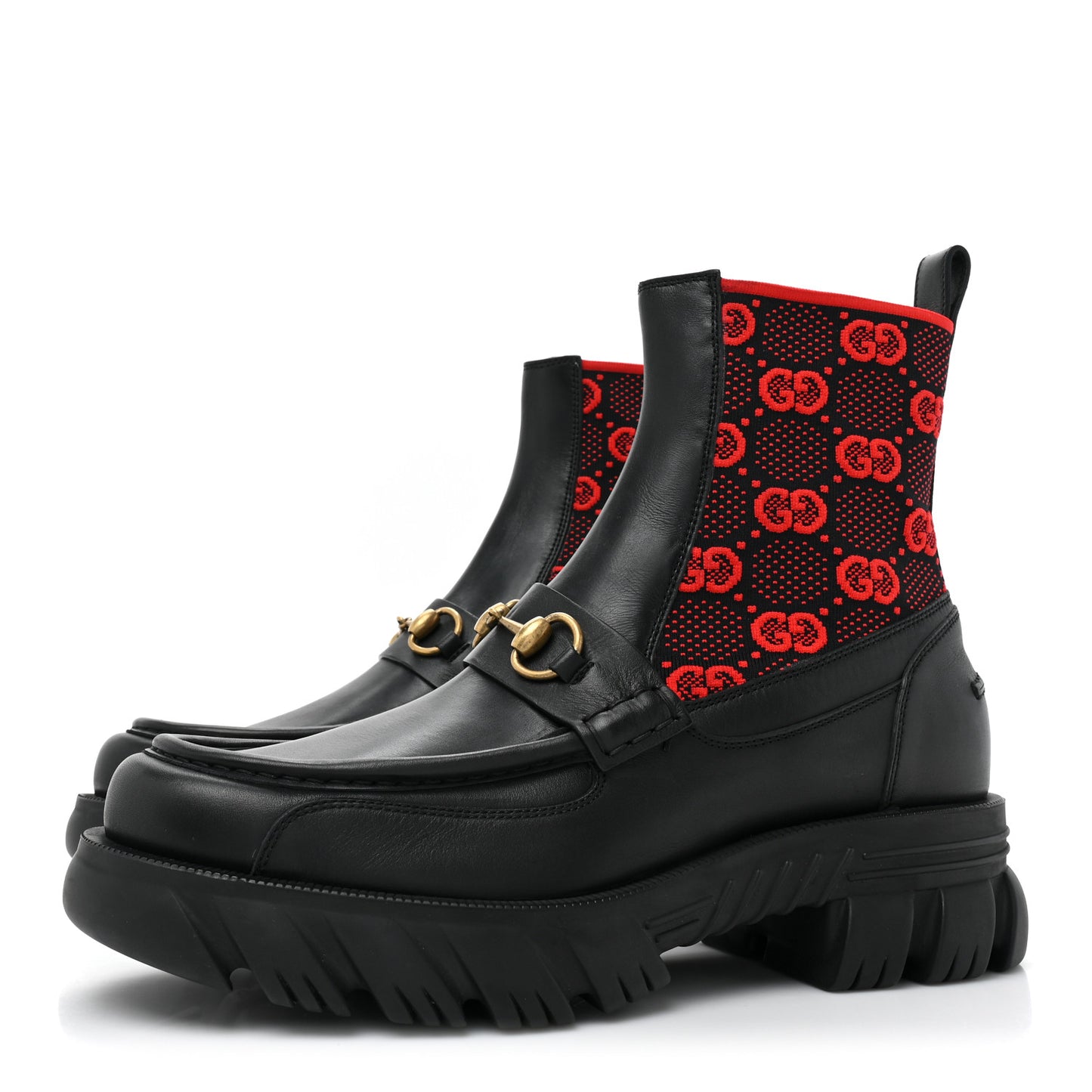 Quebec Calfskin Technical Jersey Knit GG Monogram Mens Horsebit Ankle Boots 9 Black Light Hibiscus Red