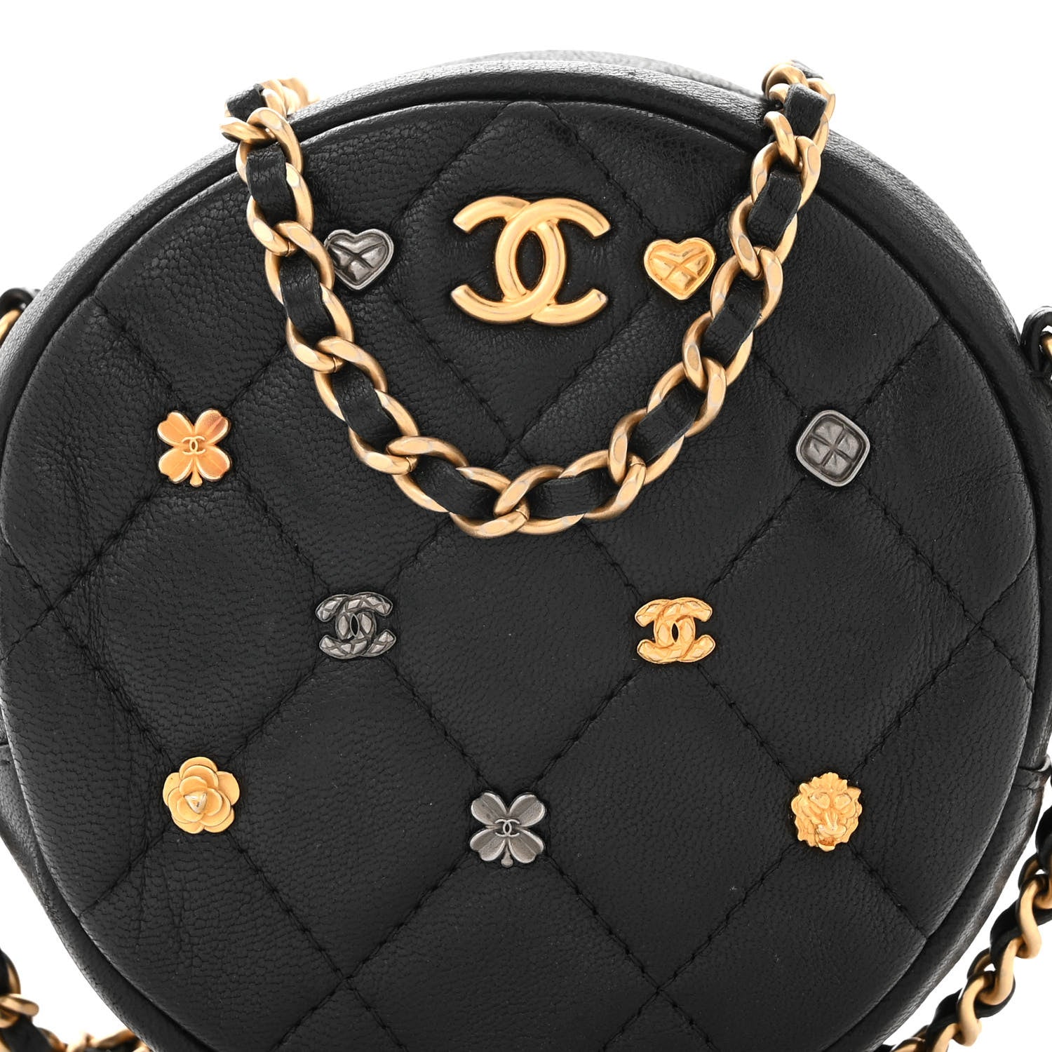 Chanel Lambskin Quilted Studded Round Clutch With Chain Black 8 of 10