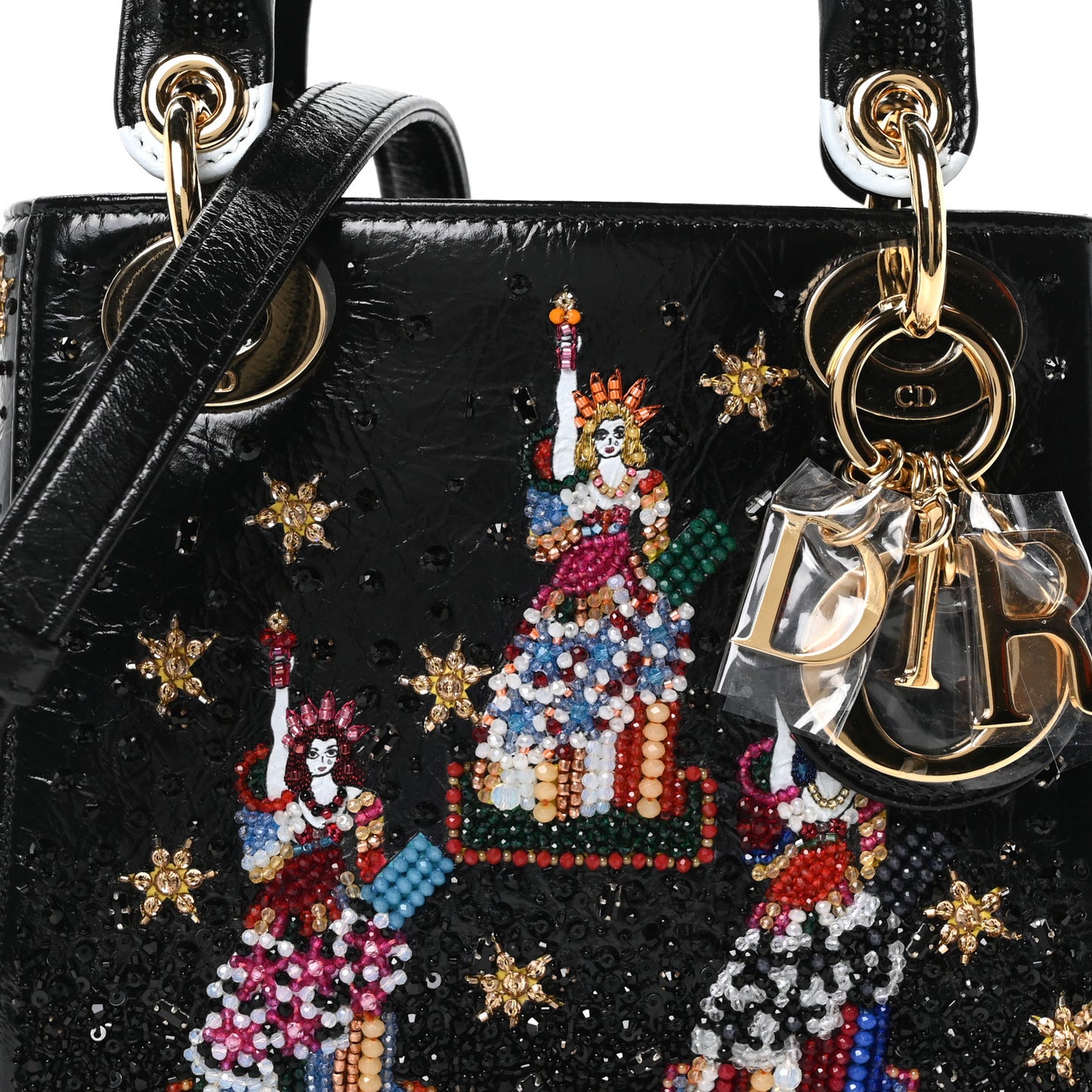X DOROTHY IANNONE Crinkled Calfskin Crystal Beaded Mini Lady Dior Art Black Multicolor