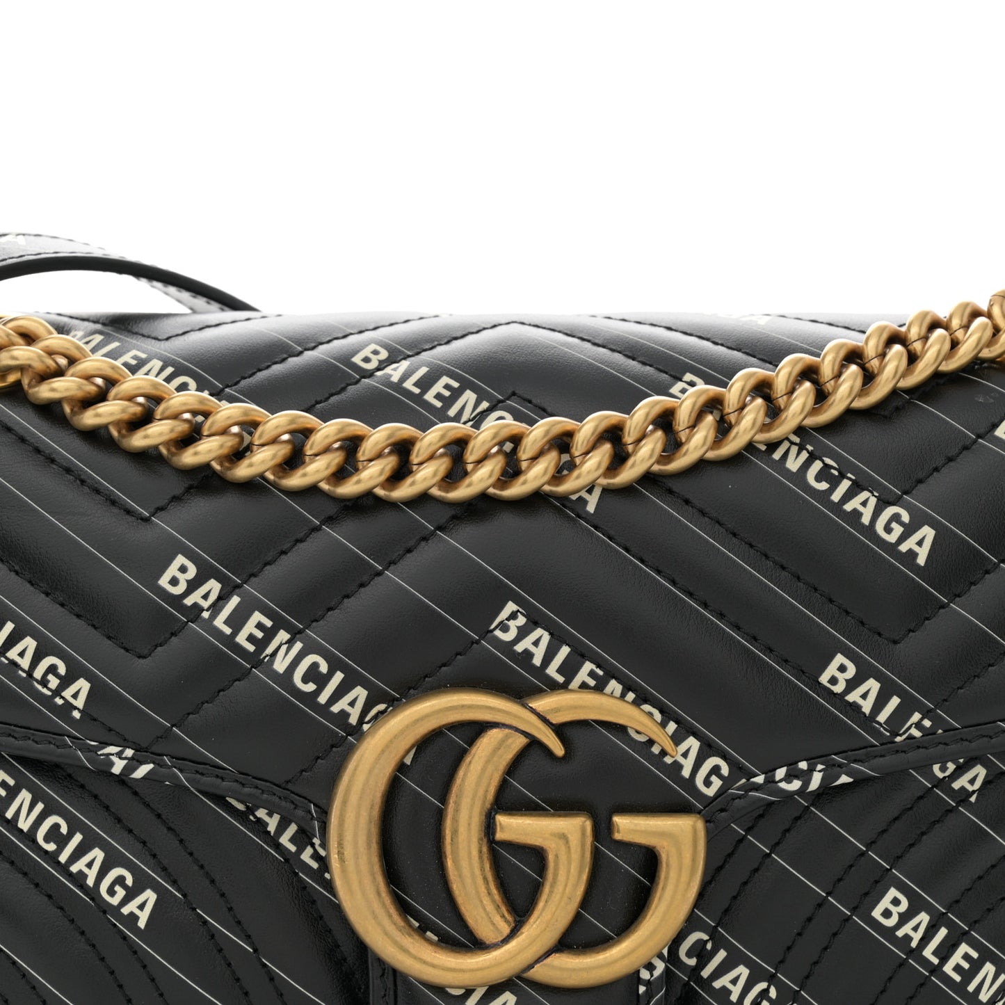 X BALENCIAGA Calfskin Matelasse Logo Print Small GG Marmont Shoulder Bag Black